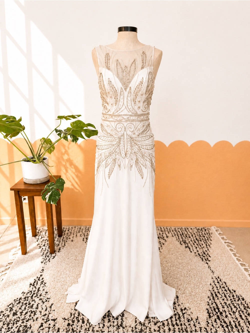 Sue Wong Embellished White Evening Gown with Intricate Beading